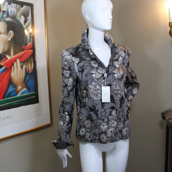 Armani Collezioni Black & Ivory Floral Print Jacket Sikk Linned– Size 8 - Picture 3 of 16